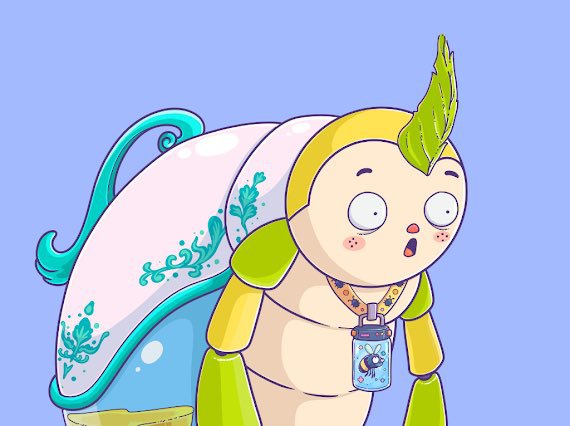 A cute, cartoon-style character with a green leaf-like sprout, large surprised eyes, and a shell adorned with blue floral patterns appears against a light purple background, wearing a small charm. The whimsical illustration accompanies a Web3 giveaway announcement in collaboration with @unvault, an Omnichain NFT marketplace, promoting a 5,000-supply free mint for the RobinNakaimgos and Smartazuki communities.