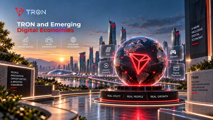 A promotional graphic for TRON titled 'TRON and Emerging Digital Economies,' showing a futuristic cityscape with a glowing red TRON globe, highlighting DeFi, Creator Economy, GameFi, and Digital Payments.