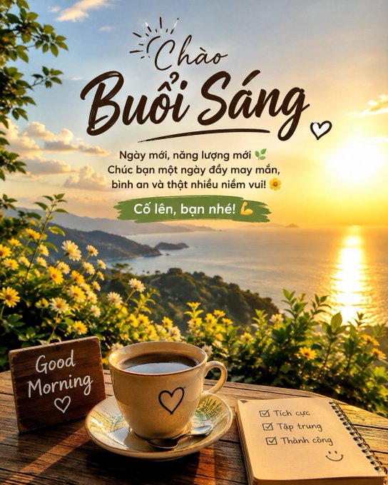 A Vietnamese 'Good Morning' greeting card with 'Chào Buổi Sáng' text, showing a coffee cup with a 'Good Morning' sign and a checklist noting 'Tích cực', 'Tập trung', and 'Thành công' against a sunrise landscape.