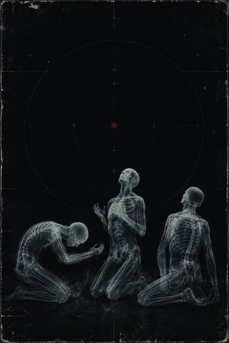 A dark, surreal artwork depicting three translucent skeletal figures kneeling and looking upward toward a small red dot within concentric circles.