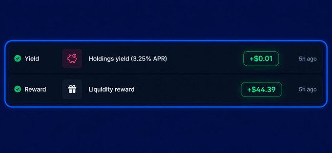 A dark-themed dashboard widget displaying two notifications: a 'Holdings yield (3.25% APR)' of +$0.01 and a 'Liquidity reward' of +$44.39, both received 5h ago.