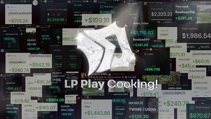 The image showcases a montage of cryptocurrency liquidity pool (LP) profit screenshots featuring various USDC pairs—including USDG, USDG/WETH, TWINE/USDG, and CATGPT—with realized PnL figures like +$1,316.00, +$2,323.23, and +$865.85, overlaid with a person holding cash and the text "LP Play Cooking!" The visual celebrates successful DeFi yield farming returns, tying directly to the post's excitement about others joining and adapting to the liquidity pool trading strategy.