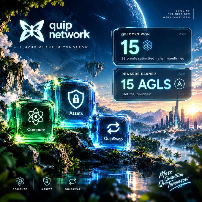 Promotional graphic for 'Quip Network' featuring a futuristic landscape with floating islands, showcasing '15 QBLOCKS WON' and '15 AGLS' earned in rewards.