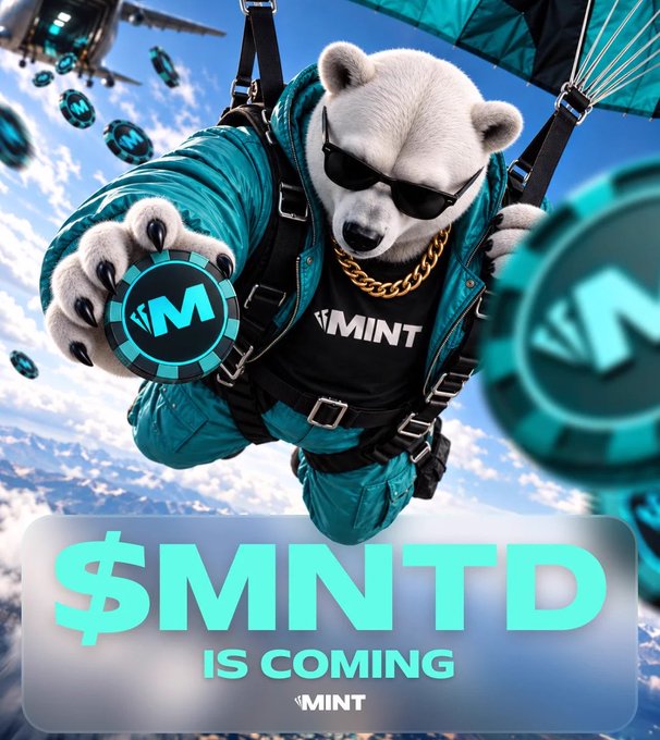 A promotional graphic featuring a bear in sunglasses and a teal jacket skydiving while holding an "M" poker chip, with text reading "$MNTD IS COMING" and the MINT logo.