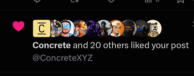 An Instagram notification showing 'Concrete and 20 others liked your post' with the handle @ConcreteXYZ.