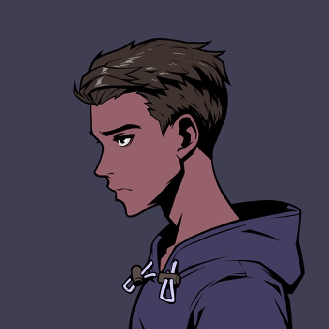 An anime-style illustration of a character with brown hair wearing a purple hoodie with drawstrings.
