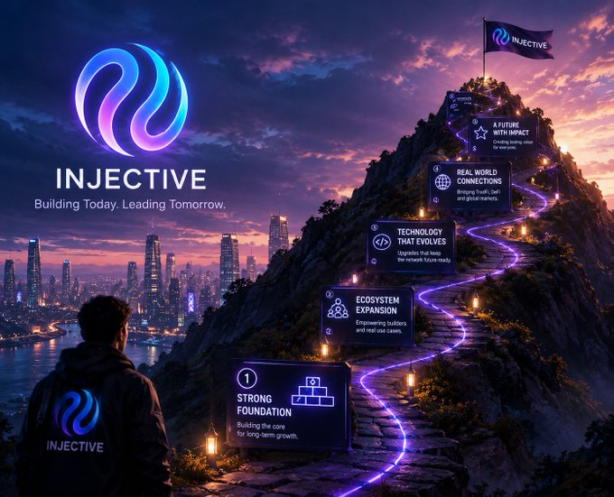 A promotional graphic for Injective, tagged 'Building Today. Leading Tomorrow.', showing a person looking up at a glowing mountain path with milestones like 'STRONG FOUNDATION', 'ECOSYSTEM EXPANSION', and 'A FUTURE WITH IMPACT'.