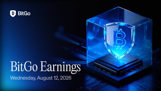 BitGo's logo appears alongside a glowing blue Bitcoin shield inside a crystal cube atop a microchip, with text reading "BitGo Earnings" and "Wednesday, August 12, 2026." The imagery visually reinforces the company's Q2 2026 earnings announcement, with the Bitcoin shield symbolizing the institutional digital asset custody and staking growth highlighted in the accompanying post.