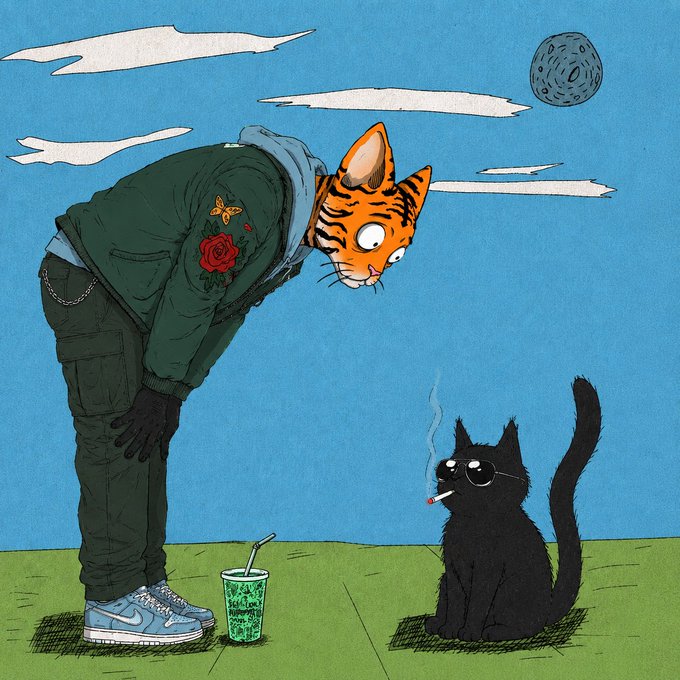 A cartoon illustration showing a person with a tiger-striped cat face wearing a green bomber jacket bending over to look at a black cat smoking a cigarette, with a green drink sitting on the ground between them.