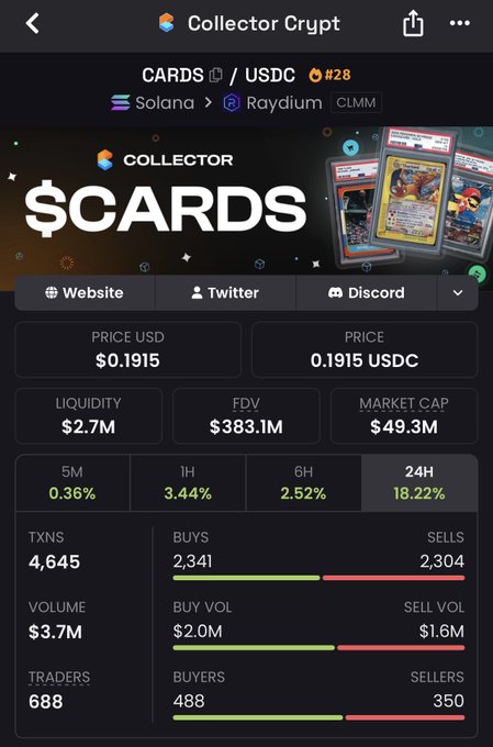 The image shows a close-up view of a cell phone screen displaying a list or table with various data points about the trading of collectibles. One specific piece of information is that there are only two ways to get liquid exposure to onchain collectibles - either by purchasing $CARDS from collectors at $383M FDV, or by buying $TCG via cryptocurrency through a collector. The post seems to discuss this method and possibly gives advice on how to navigate these exchanges. The image highlights the importance of understanding trading strategies in the collectible market.