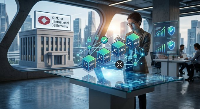 A futuristic digital illustration shows a woman in a suit interacting with a holographic display of XRP cryptocurrency cubes, with the "Bank for International Settlements" building and a city skyline visible behind her.