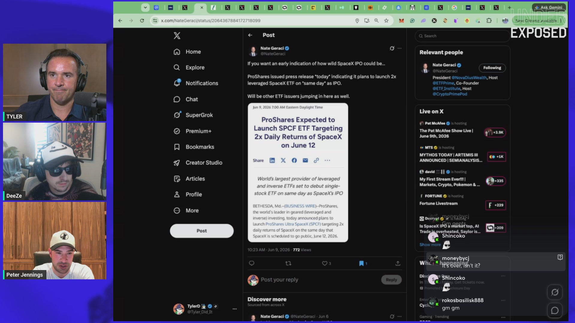 The image shows a computer screen displaying a Twitter chat with three people participating, including two men wearing hats and one man without a hat. The conversation appears to be about a recent tweet or message related to a topic of interest, such as the release of a new product or an event in space exploration. The post includes text that reads "Live now with this week's episode of Under Exposed with @Tyler_Did_It and @PeterJennings88 Topics include: #SPACECRAFT, #INSPECTOR, #SPACERATE, #SPACEDO, #SPACETOWN".