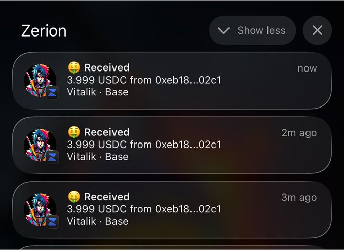 A Zerion wallet notification showing three "Received" transactions of 3.999 USDC from address 0xeb18...02c1 (labeled "Vitalik · Base") occurring at "now," "2m ago," and "3m ago," visually supporting the claim of earning approximately $3.99 every minute.