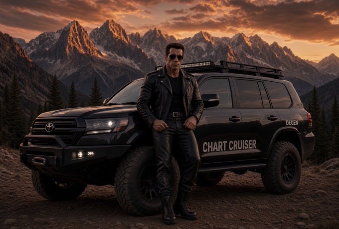 A man in a black leather jacket and sunglasses stands in front of a black Toyota SUV labeled 'CHART CRUISER' against a dramatic mountain landscape at sunset.
