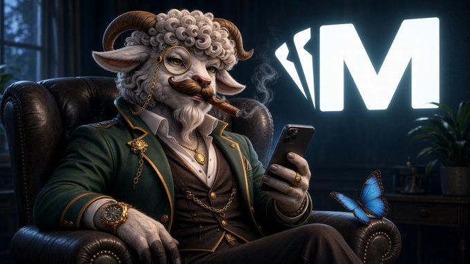 An AI-generated illustration of an anthropomorphic ram with a mustache and monocle wearing formal green attire while looking at a smartphone, set next to a stylized 'M' logo with a blue butterfly.