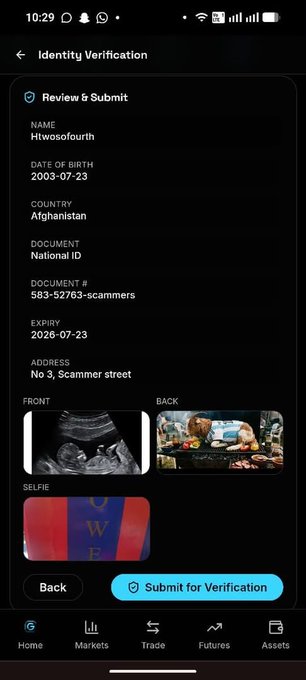 A mobile screenshot of GXT Exchange's identity verification review page shows blatantly fake KYC information approved by the platform—including the name "Htwosofourth," document number "583-52763-scammers," address "No 3, Scammer Street," and an ultrasound and BBQ photo uploaded as a selfie—highlighting the post's criticism of the exchange's failure to properly verify users.