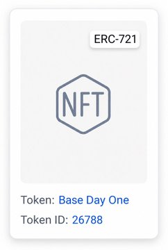 A digital NFT card labeled "ERC-721" displaying the "Base Day One" NFT with Token ID 26788, representing an on-chain badge proving the holder transacted on Base Mainnet's launch day (August 9, 2023), making them a "$BASE OG."