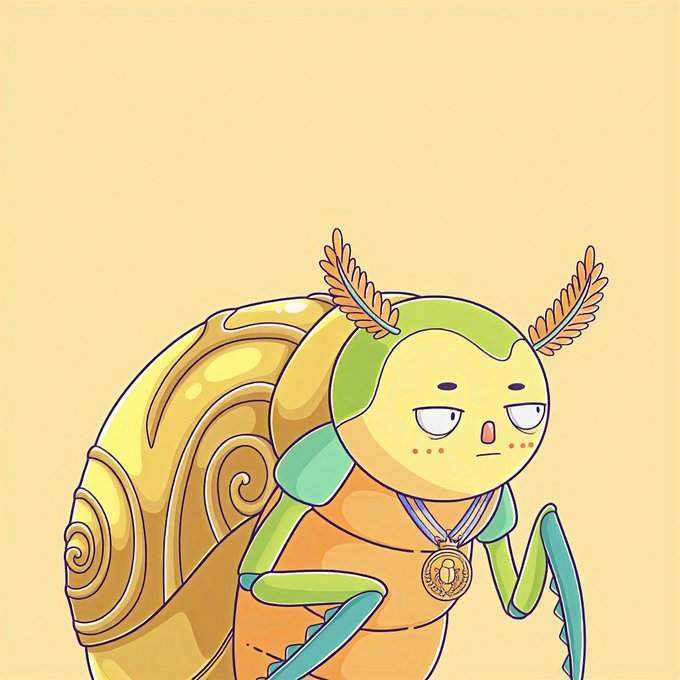A cartoon illustration of a humanoid snail with a green body, orange shell, and feathered antennae wearing a gold medal.