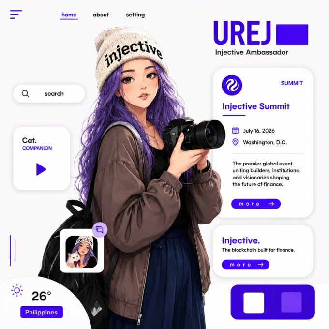 A webpage for an 'Injective Ambassador' featuring an anime-style purple-haired character wearing an 'injective' beanie and holding a camera, with sections for 'Injective Summit' on July 16, 2026 in Washington, D.C., and 'Injective' blockchain info.