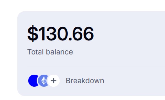 A digital wallet interface showing a total balance of $130.66 with a 'Breakdown' option and an Ethereum logo.