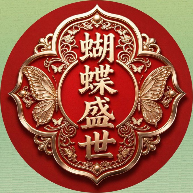 Decorative gold and red circular emblem with Chinese characters '蝴蝶盛世' (Butterfly Prosperity) flanked by two ornate butterflies and small butterflies, set against a light green textured background.
