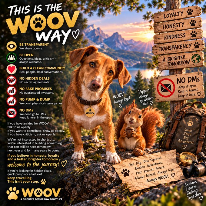 A 'This is the WOOV Way' promotional poster featuring a dog and a squirrel in an outdoor setting, listing core values: Be Transparent, Be Open, Build a Clean Community, No Hidden Deals, No Fake Promises, No Pump & Dump, and No DMs.