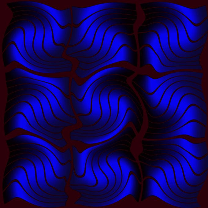An abstract digital artwork featuring three wavy, fragmented blue panels with flowing contour lines against a dark maroon background, evoking a sense of fluid, glitch-like motion that complements the brief "Gn" (goodnight) caption.