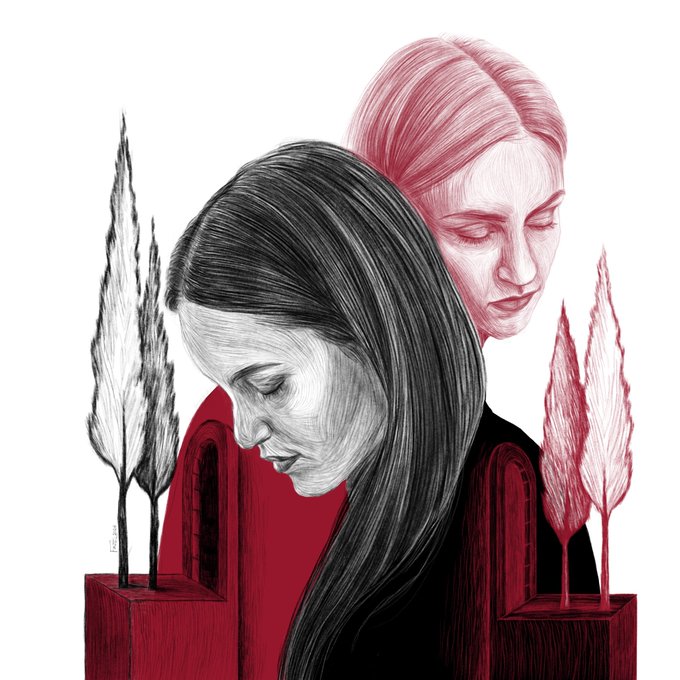 A stylized illustration featuring two women's profiles in grayscale and red tones, flanked by delicate cypress trees on red pedestals.