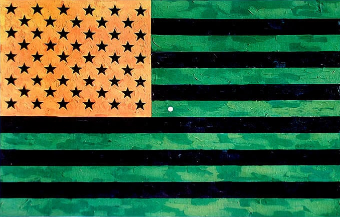 A painted artwork depicting a stylized American flag with an orange/yellow star field on the left and alternating green and black horizontal stripes on the right, with a textured painterly finish.