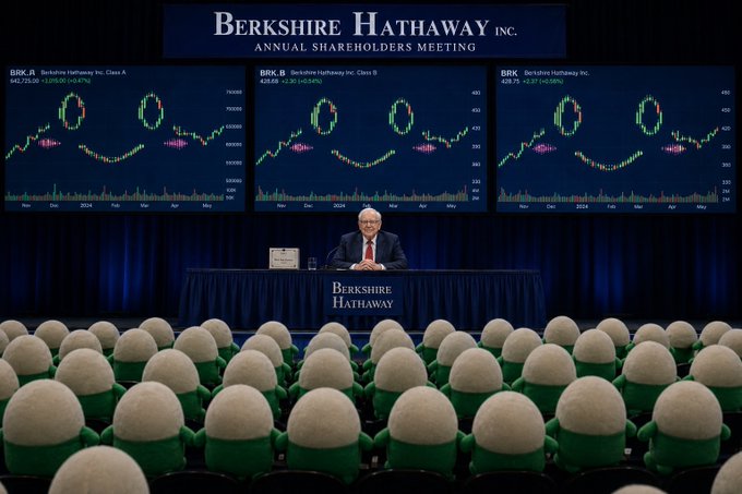 The image features an auditorium filled with rows of green chairs that are arranged around a conference table, with a man sitting at the head of the table. He appears to be in front of several screens displaying graphs of stock market data. The room also has a stage set up for presentations or meetings, and there is a large banner hanging on the wall behind him. The post caption reads "very serious business," which suggests that the scene might be related to an important meeting or presentation involving financial analysis and decision-making.