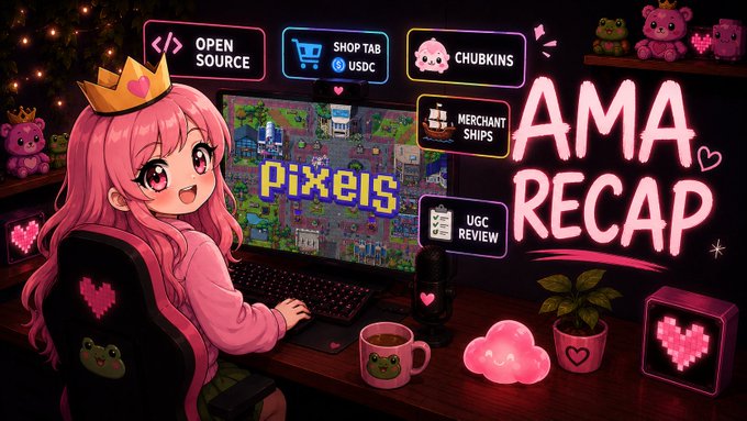 An anime-style illustration of a pink-haired girl sitting at a gaming desk with a 'Pixels' monitor, surrounded by pixel art items and text reading 'AMA RECAP' with buttons for 'OPEN SOURCE', 'SHOP TAB', 'CHUBKINS', 'MERCHANT SHIPS', and 'UGC REVIEW'.