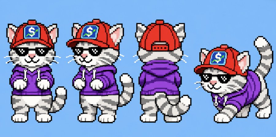 A pixel art sprite sheet displays four different poses of a gray tabby cat wearing sunglasses, a red baseball cap with a blue 'S' logo, and a purple hoodie against a blue background.