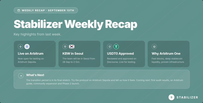 A 'Stabilizer Weekly Recap' slide dated September 13th, featuring key highlights about Arbitrum, a Seoul event, USDTO approval, and Arbitrum One.