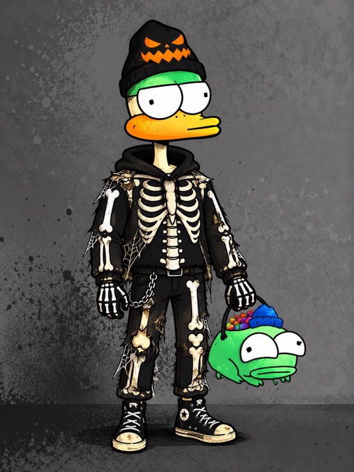 A cartoon duck character dressed in a black skeleton hoodie, pumpkin beanie, and skull gloves holds a green trick-or-treat bucket filled with candy against a gray background.