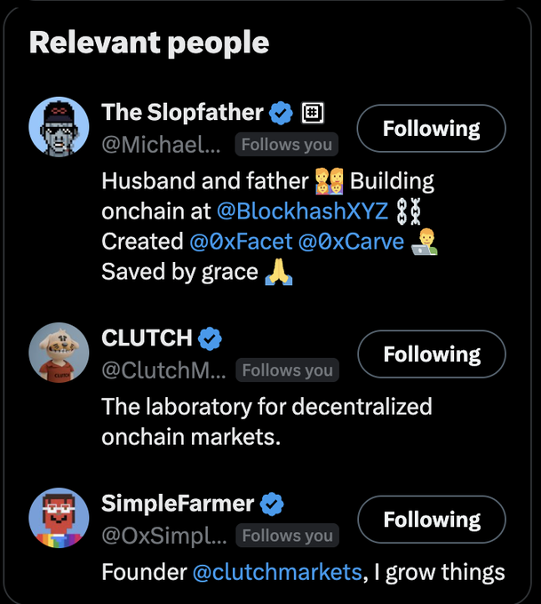 A social media 'Relevant people' sidebar showing accounts including 'The Slopfather' (@Michael...), 'CLUTCH' (@ClutchM...), and 'SimpleFarmer' (@0xSimpl...), all marked as 'Following'.
