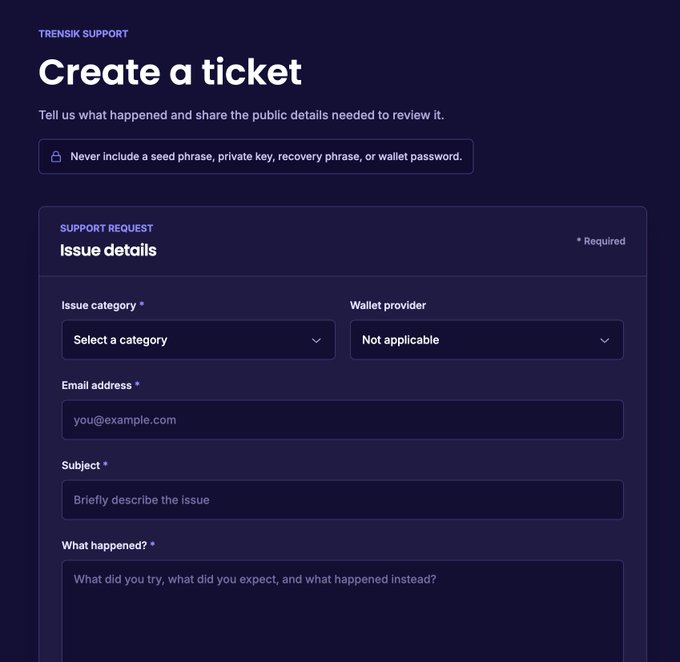 A screenshot of a 'TRESIK SUPPORT' web form titled 'Create a ticket,' with fields for issue category, wallet provider, email address, subject, and a warning not to include seed phrases or passwords.