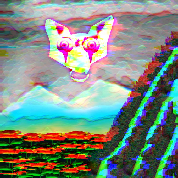 A vibrant, psychedelic digital artwork featuring a stylized cat-like face with large eyes floating above a colorful landscape of red flowers and blue mountains.