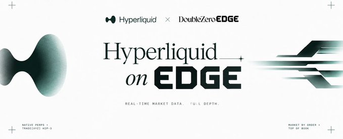 The image is a promotional banner for "Hyperliquid on EDGE" by DoubleZero x Hyperliquid, featuring the tagline "REAL-TIME MARKET DATA. FULL DEPTH" alongside decorative fluid and motion graphic elements.

The banner visually reinforces the post's message by highlighting EDGE's capability to capture the full depth of constantly shifting order books on Hyperliquid—every bid, ask, addition, and removal—delivering the underlying market complexity that a simple price feed alone cannot convey.