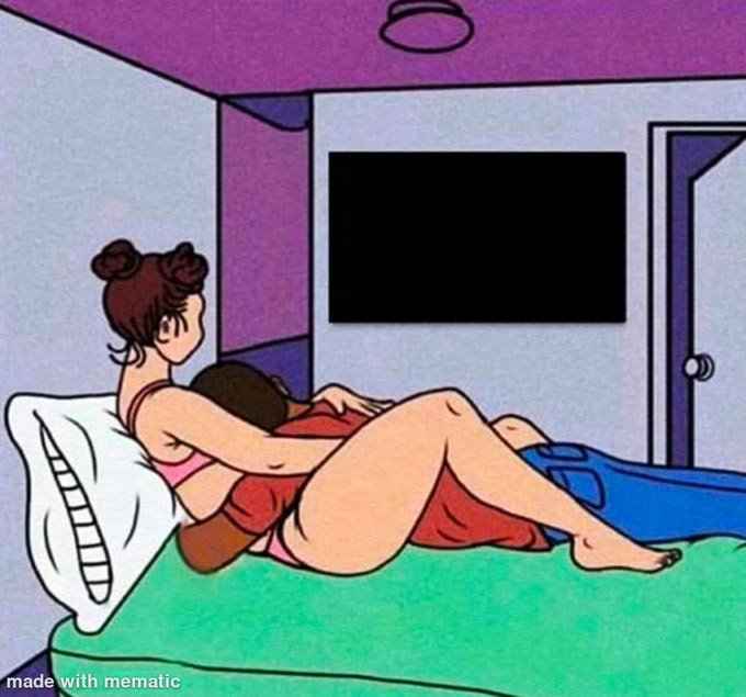 An animated illustration shows a woman with brown hair in a bun embracing a person in a red shirt on a green bed, with a blank black television screen on the wall behind them.