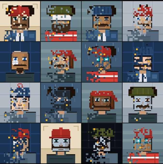 A grid of sixteen pixel-art character portraits displays various faces wearing hats, bandanas, and headgear in different colors.