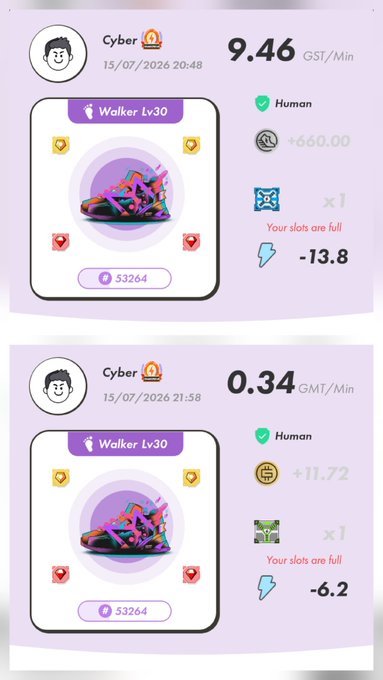 A STEP'N app screenshot showing 'Walker Lv30' sneaker stats with earnings of +660.00 and -13.8 energy, indicating 'Your slots are full'.