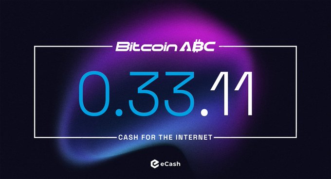 A promotional graphic for the Bitcoin ABC release version 0.33.11, displayed in large blue numerals against a dark purple gradient background. The image features the tagline "CASH FOR THE INTERNET" and includes the eCash logo, reinforcing the announcement of the new software release.
