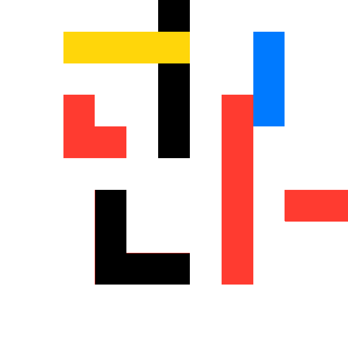 An abstract minimalist artwork composed of solid red, yellow, blue, and black geometric shapes, including rectangles and L-shapes, arranged on a white background.