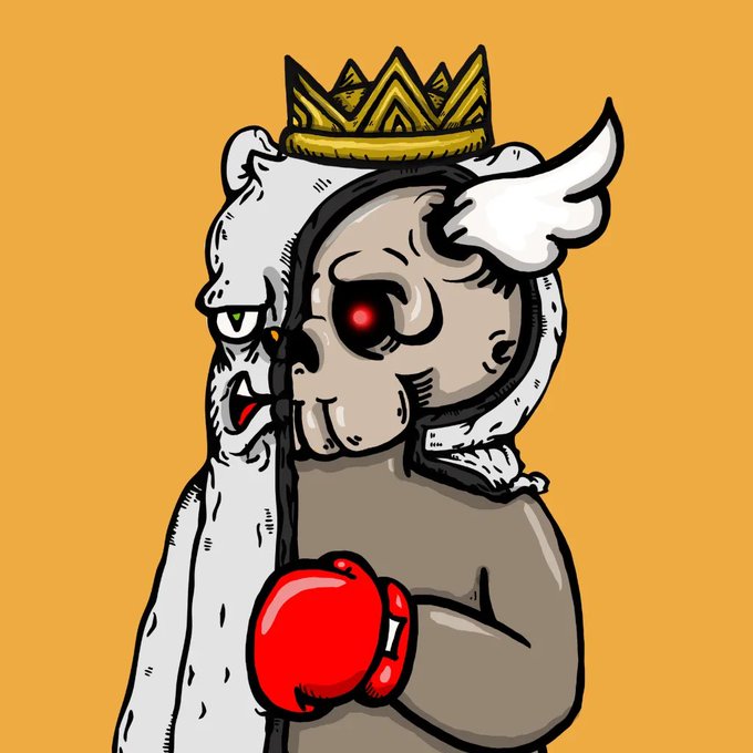 A cartoon illustration shows a gray-skinned character with red eyes, a golden crown, a white feathered cloak, and a red boxing glove on an orange background.