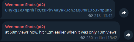 Two Telegram messages from Wenmoon Shots show 8HyxgZjKXNpMhfxQtDPb7AayRKJonZaQ8Mw1Xo3xmpump receiving 218 views and $SISYPUSS reaching 50m views, up from 10m within 1.2 hours. The messages relate to the accompanying post highlighting Wenmoon Shots as a savvy trader shilling $SISYPUSS with potential for significant gains.