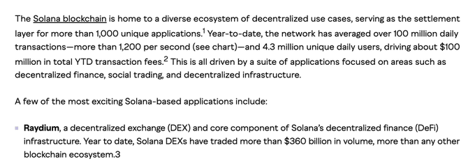 A text excerpt describing the Solana blockchain ecosystem, noting over 1,000 applications, 100 million daily transactions, and highlighting Raydium as a leading DEX with $360+ billion in trading volume.