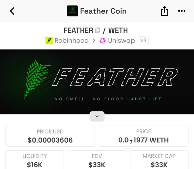 A screenshot from a crypto tracking app showing Feather Coin (FEATHER) trading against WETH on Uniswap V3 via Robinhood, priced at $0.00003606 with $16K liquidity and a $33K market cap. The image illustrates the low-liquidity, low-cap altcoin that the poster just bought more of at 40k.