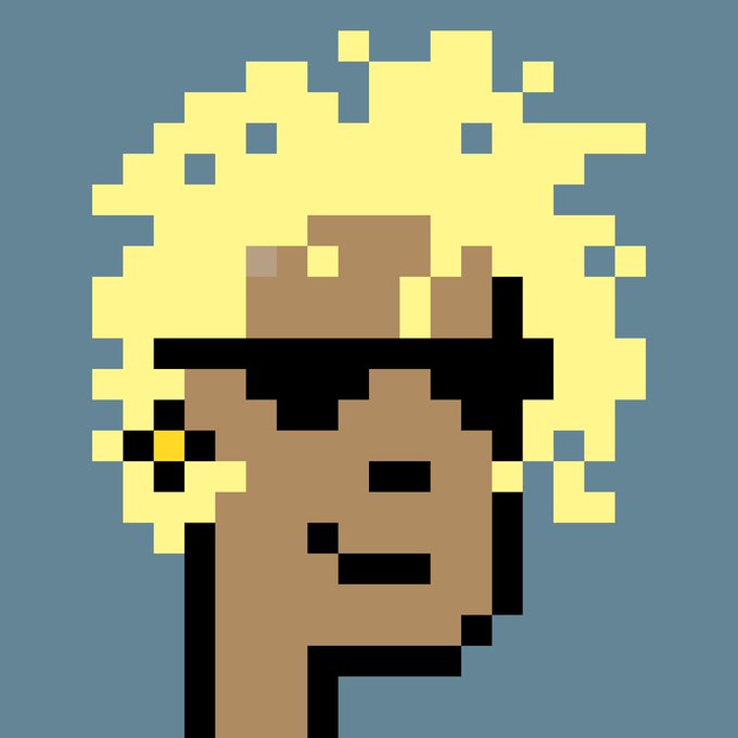 A pixel art illustration depicts a character with blonde hair and black sunglasses against a solid blue background.