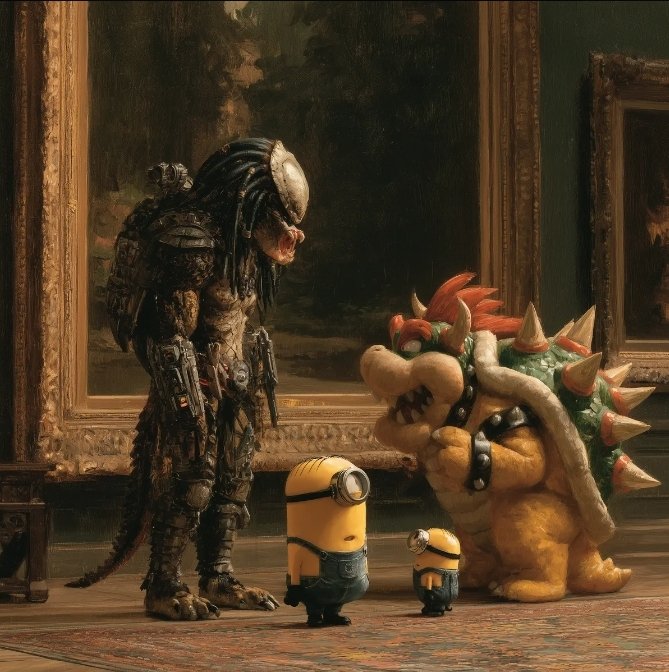 Digital artwork showing a Predator standing next to two Minions and Bowser from Mario, displayed in what appears to be a classical art gallery setting.