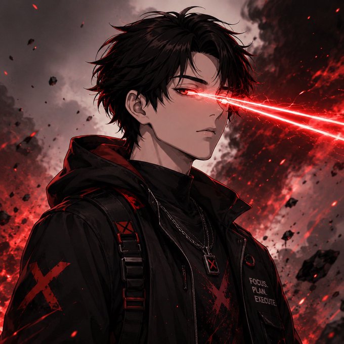 An anime-style illustration of a young man with dark messy hair and glowing red laser eyes, wearing a black jacket with red accents and a "FOCUS PLAN EXECUTE" label, set against a dark red, dramatic background with floating debris.